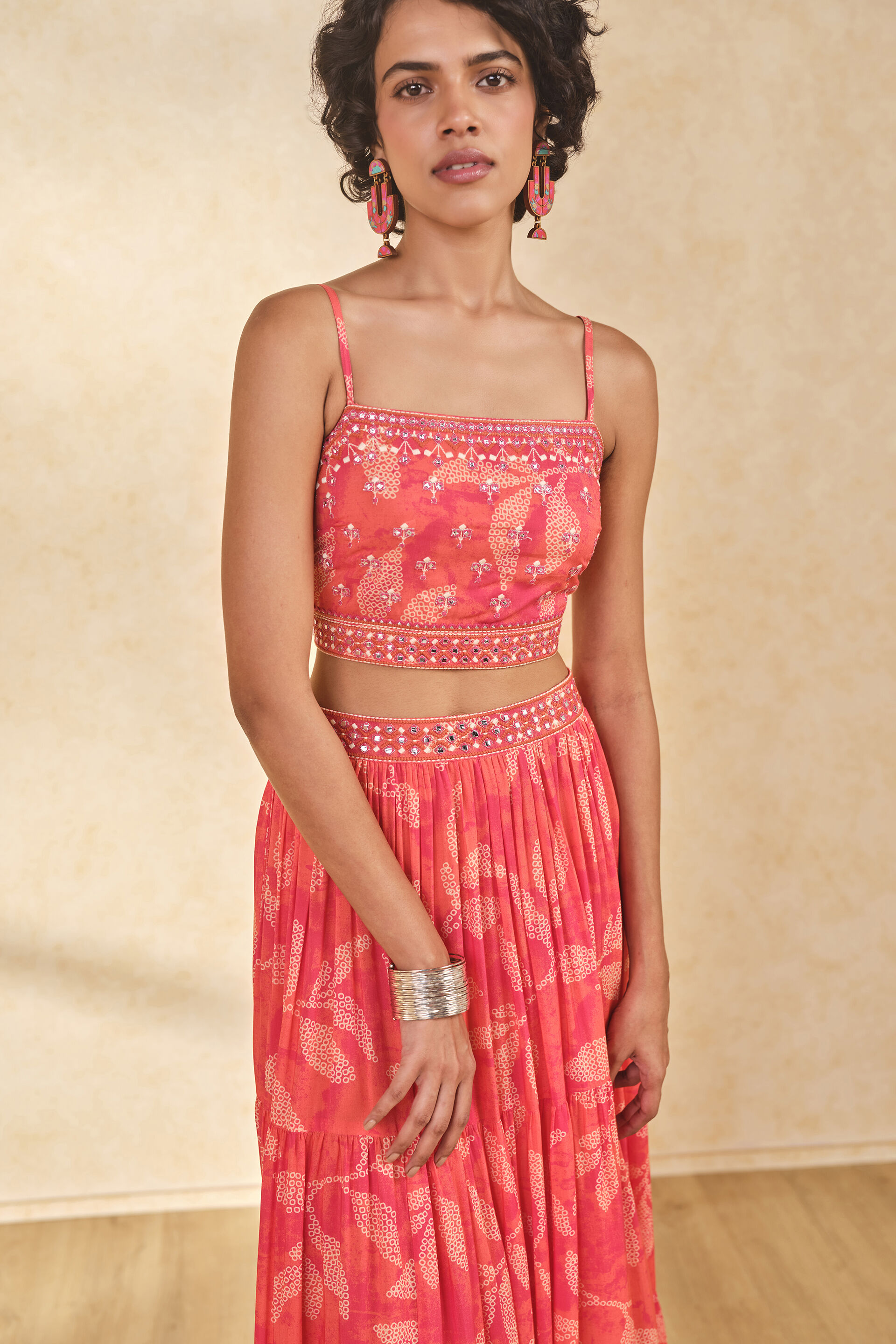 Leafy Print Skirt Set, Coral, image 6